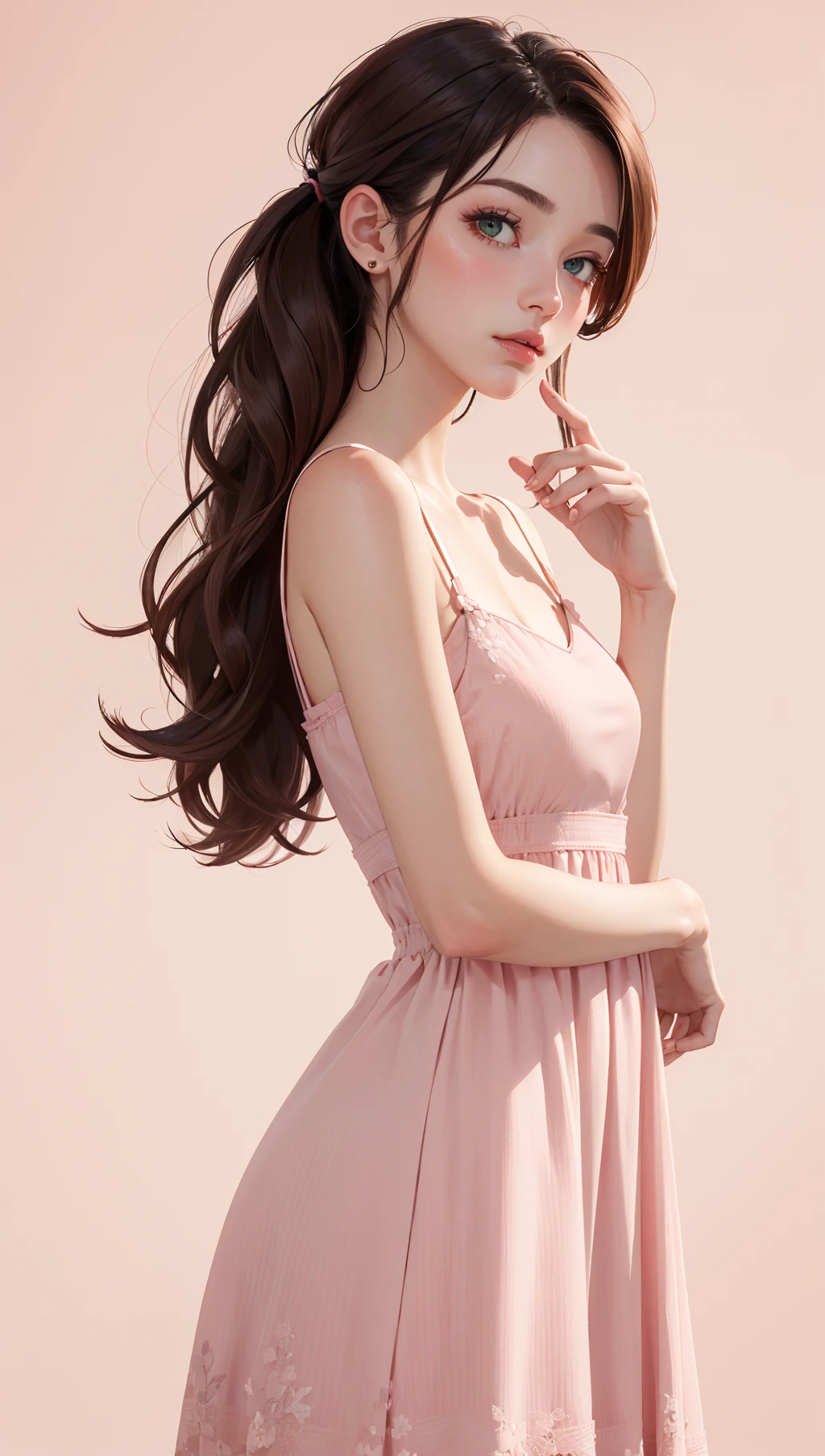 (medium shot:1.4),1 girl,modest,elegant,half-up,half-down hairstyle,rich chestnut,(calm green eyes:0.75),in a chic,simple dress,(solid pale pink background:1.2),standing straight,fingers lightly touching,(masterpiece:1.5),(sophisticated, detailed textures:1.2).,