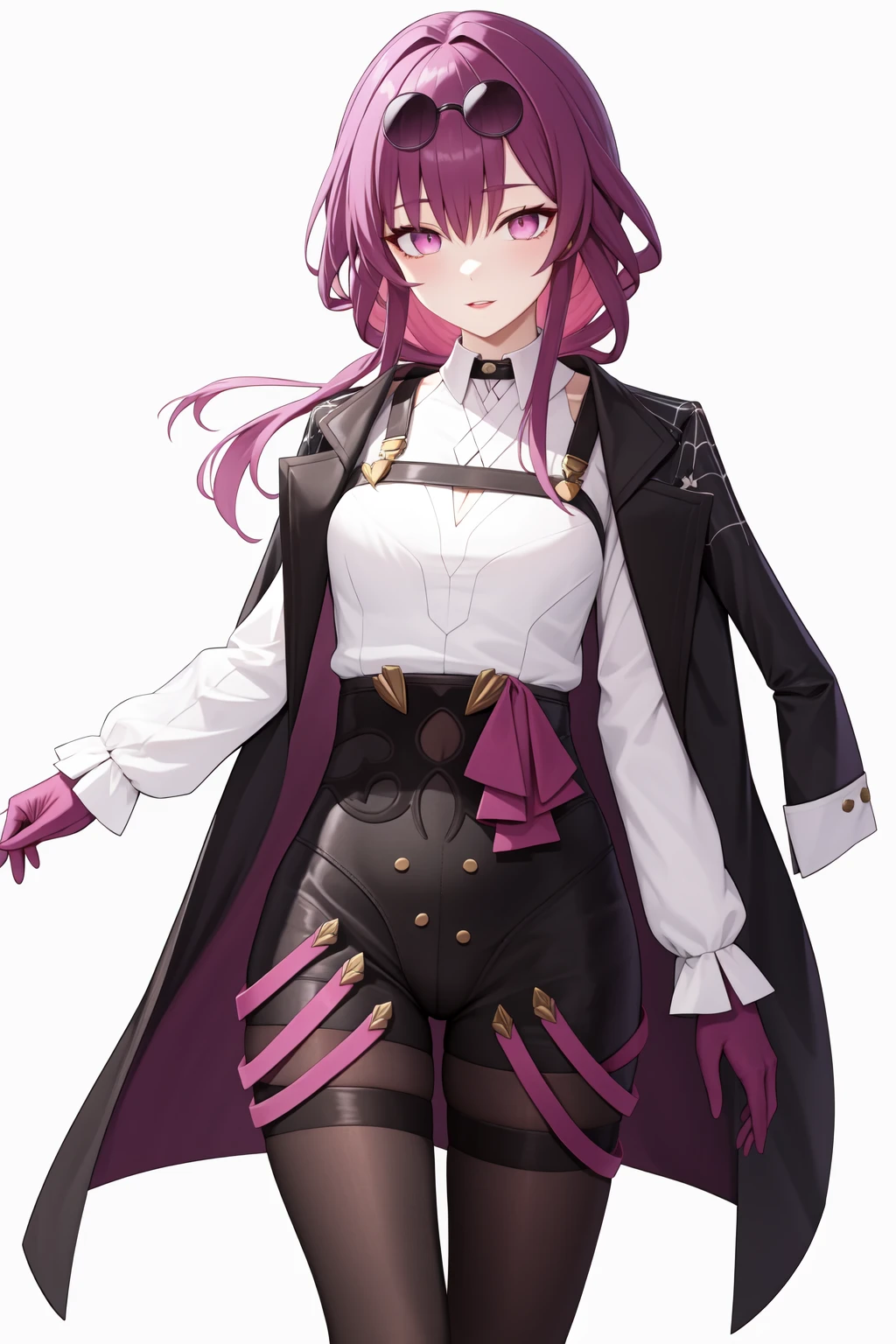 <lora:å¡èå¡:1:lbw=char>,kafka,bangs,eyewear on head,purple hair,long hair,sunglasses,purple eyes,shirt,gloves,white shirt,long sleeves,jacket,pantyhose,pink eyes,, 1girl,
,  (masterpiece,best quality:1.2),absurdres