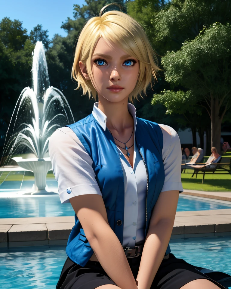 Leo,blonde hair,short hair,blue eyes,
white vest,small breasts,
necklace,upper body,sitting,
town,fountain,
(insanely detailed, masterpiece, best quality),solo,<lora:LeoT8-11v10v2:0.8>,