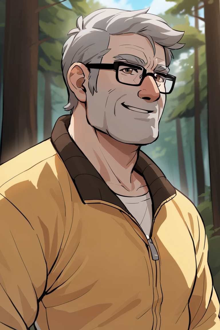 stanpines, solo, male focus, portrait, upper body, mature male, old man, short hair, grey hair, brown eyes, thick eyebrows, glasses, black-framed eyewear, facial hair, stubble, sideburns, smile, yellow tracksuit, standing, outdoors, pine forest, masterpiece, best quality <lora:Stanley (Stan) Pines SDXL_LoRA_10r_10e_32i_nr32_a16_Animagine XL V3:0.7>