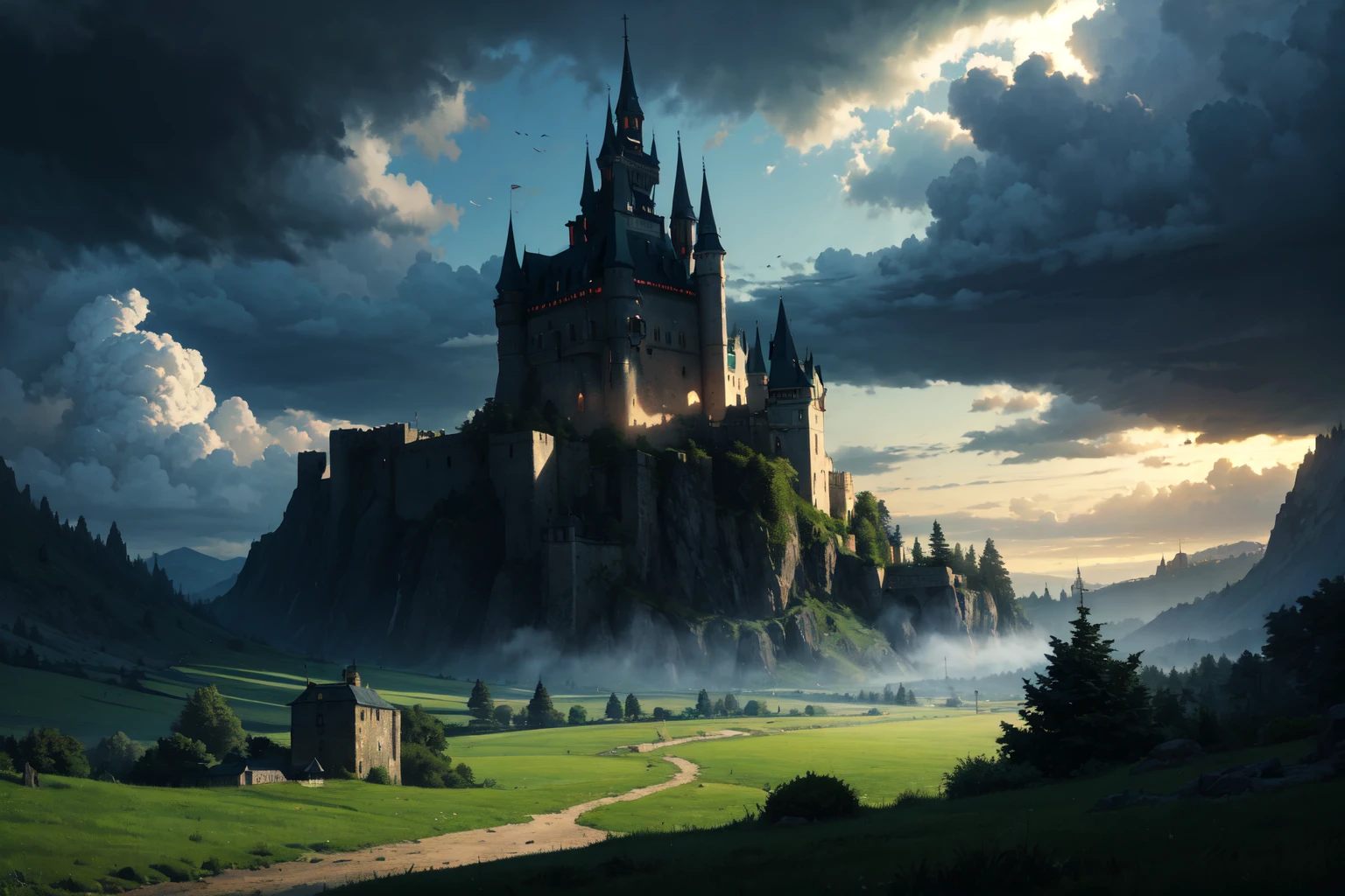 absurdres, castle, fantasy, dark scene, clouds, volumetric light, contrast, landscape, green glow