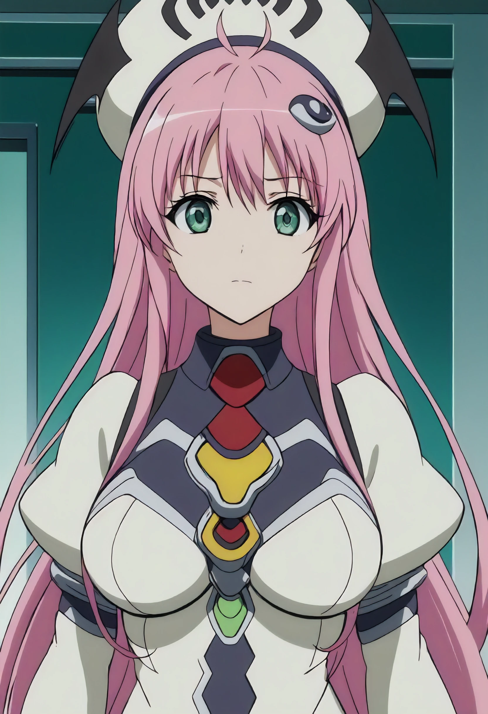 masterpiece, anime screenshot, 1girl, solo, laladeviluke, spacesuit, pink hair, green eyes