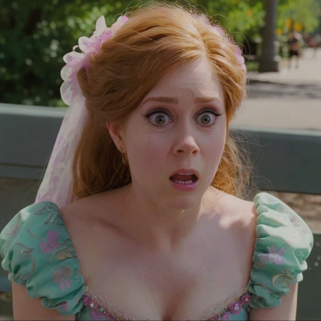 amyadams, shocked, sitting on a park bench, wearing a princess dress, close up, f/1.8 50mm photo <lora:amyadams:1>