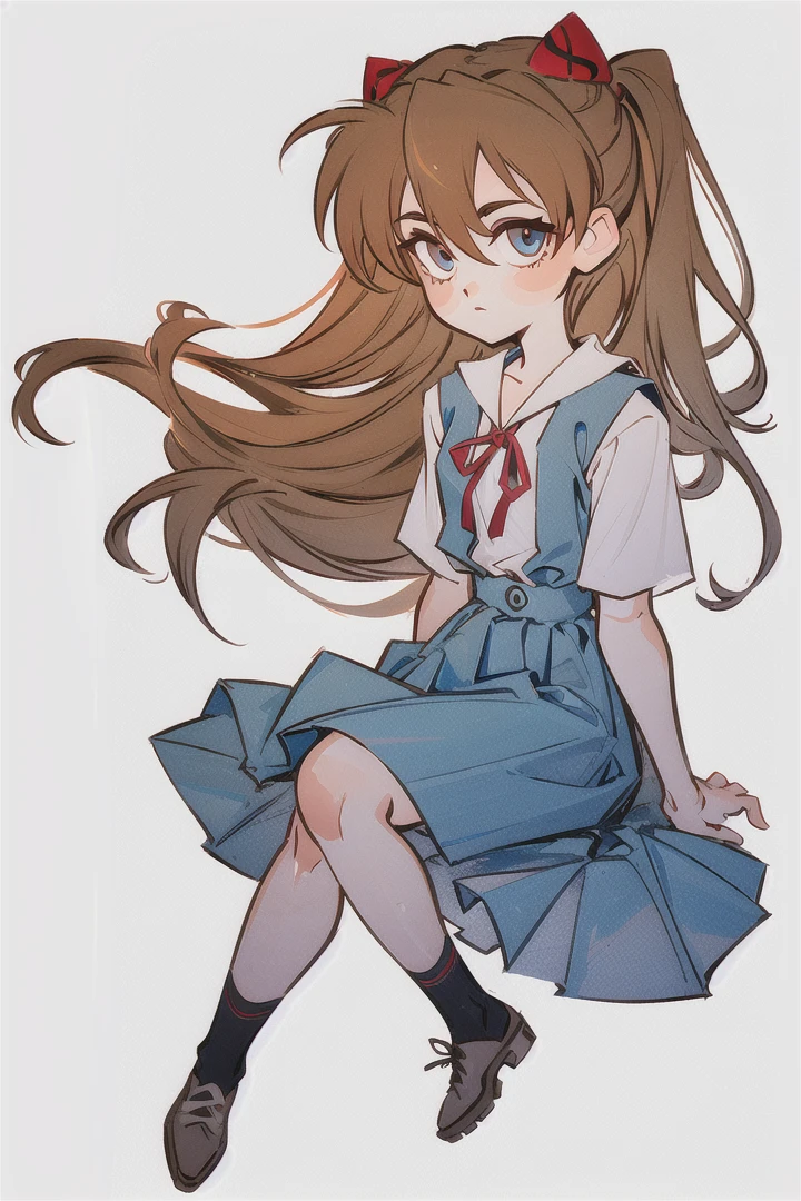 (Highest picture quality), (Master's work), (ultra-detailed), (Detailed eye description:1.2), masterpiece, best quality, IRIaStyle, chibi, solo, simple background, 1girl, white background, sitting, full body, dark colors, muted colors <lora:test_little_papapa:1>, <lora:AsukaLangleySouryuuV2:1>, souryuu asuka langley, suspender skirt, red ribbon, white shirt, school uniform, socks, shoes