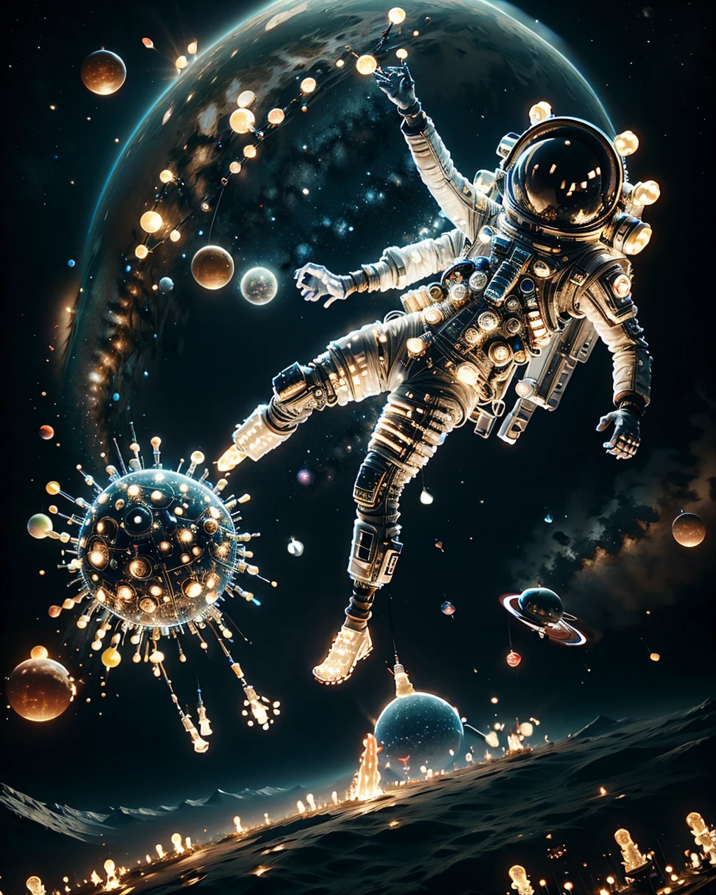 a surreal scene of a astronaut floating in space, with planets and stars also in ral-beer, dynamic, cinematic, masterpiece, intricate. Cyber aesthetic, made of ral-lgtblb <lora:ral-lgtblb-sd15:1>