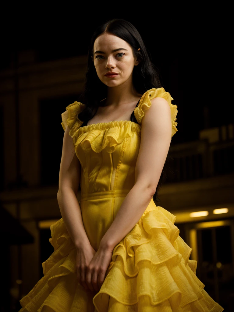 emst,black long hair,yellow poorthings dress,looking at viewer,city street background,bokeh,night,soft lighting,dimly lit,chiaroscuro,dramatic tone,dynamic pose,add_detail