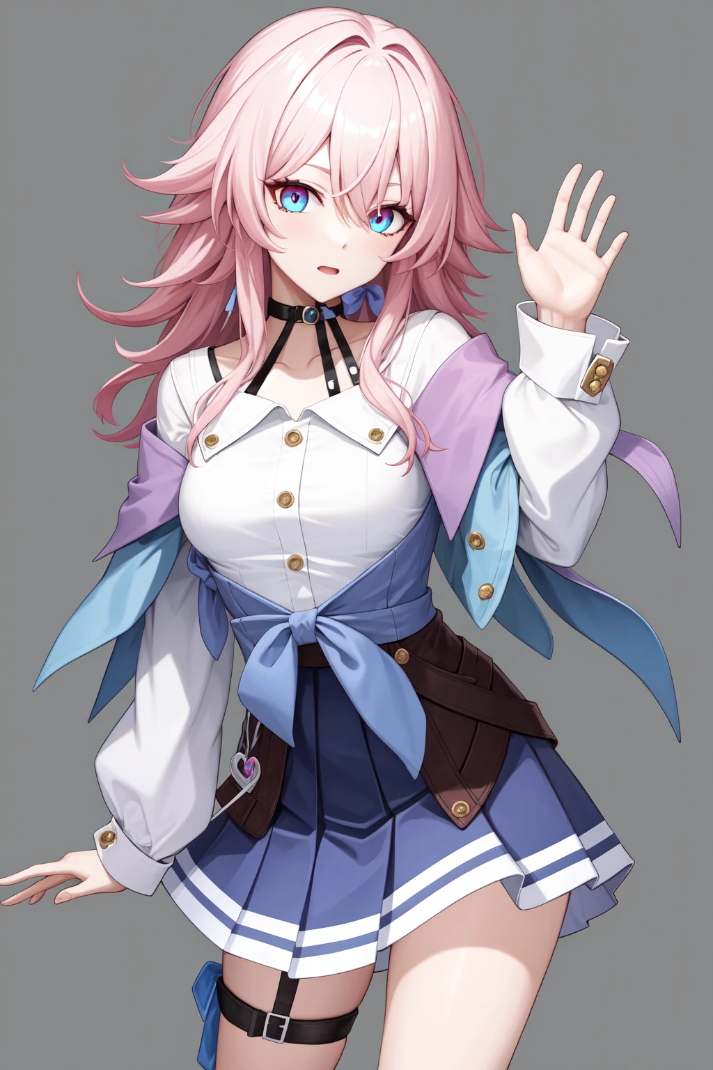 <lora:䏿ä¸:1:lbw=char>,sanyueqi,pink hair,bangs,shirt,white shirt,long sleeves,blue eyes,jacket,skirt,choker,blue jacket,blue skirt,hair between eyes,multicolored eyes,, 1girl,
, (masterpiece,best quality:1.2),absurdres