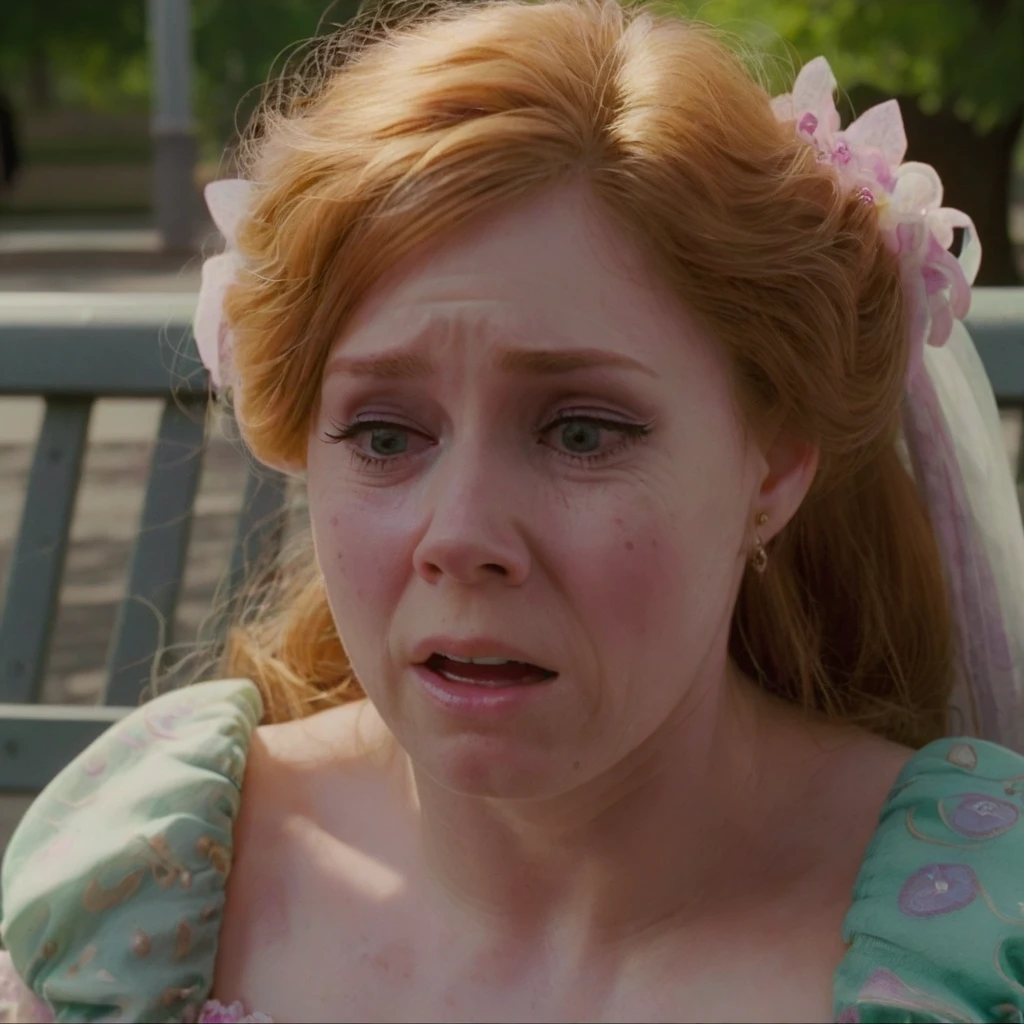 amyadams, crying, sitting on a park bench, wearing a princess dress, close up, f/1.8 50mm photo <lora:amyadams:1>