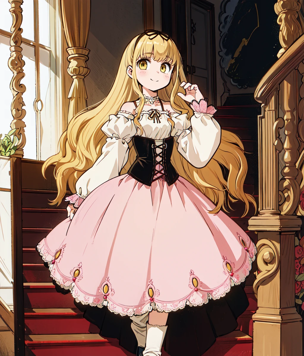 masterpiece, high res, detailed face, detailed eyes, 1 girl, solo, ((both hands up)), smile, blonde hair, long hair, ribbon, yellow eyes, pink dress. corset, necklace, long sleeves, full body. indoors, walking down the stairs, mansion <lora:Luserina:1>