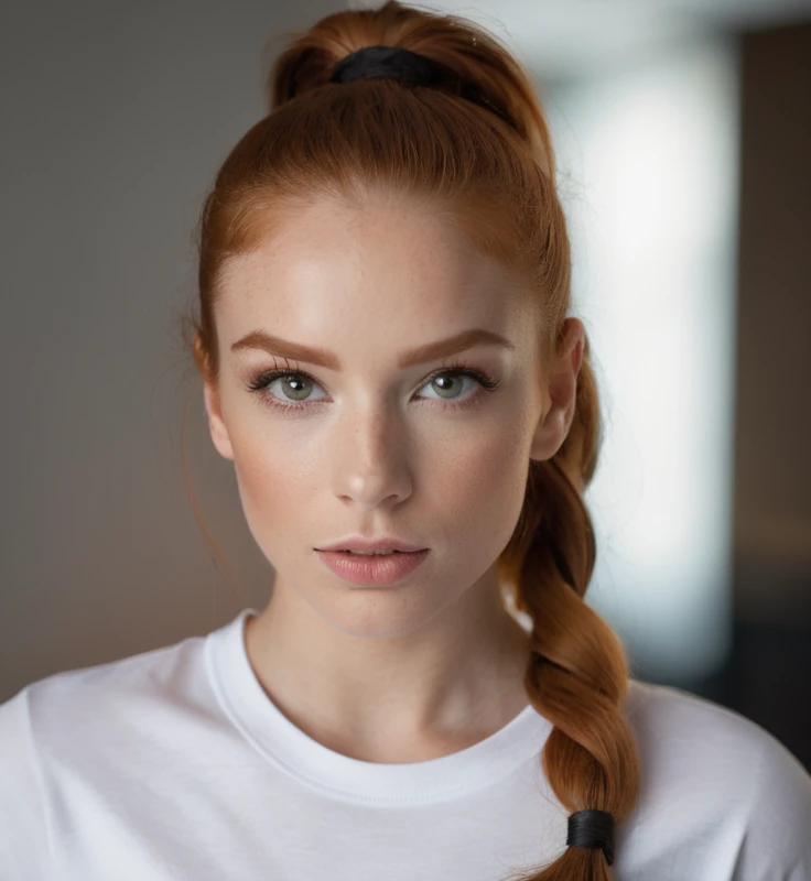 photo,8k,sharp focus,beautiful woman,close up,t-shirt,(detailed eyes:0.8),(looking at the camera:1.4),(highest quality),(best eyeshadow),brown eyes,rim lighting,two tone lighting,dimly lit,low key,intricate details,interior,ponytails,ginger hair:1.3,open mouth:0.7,freckles, photo, (realistic:1.3), 8k,