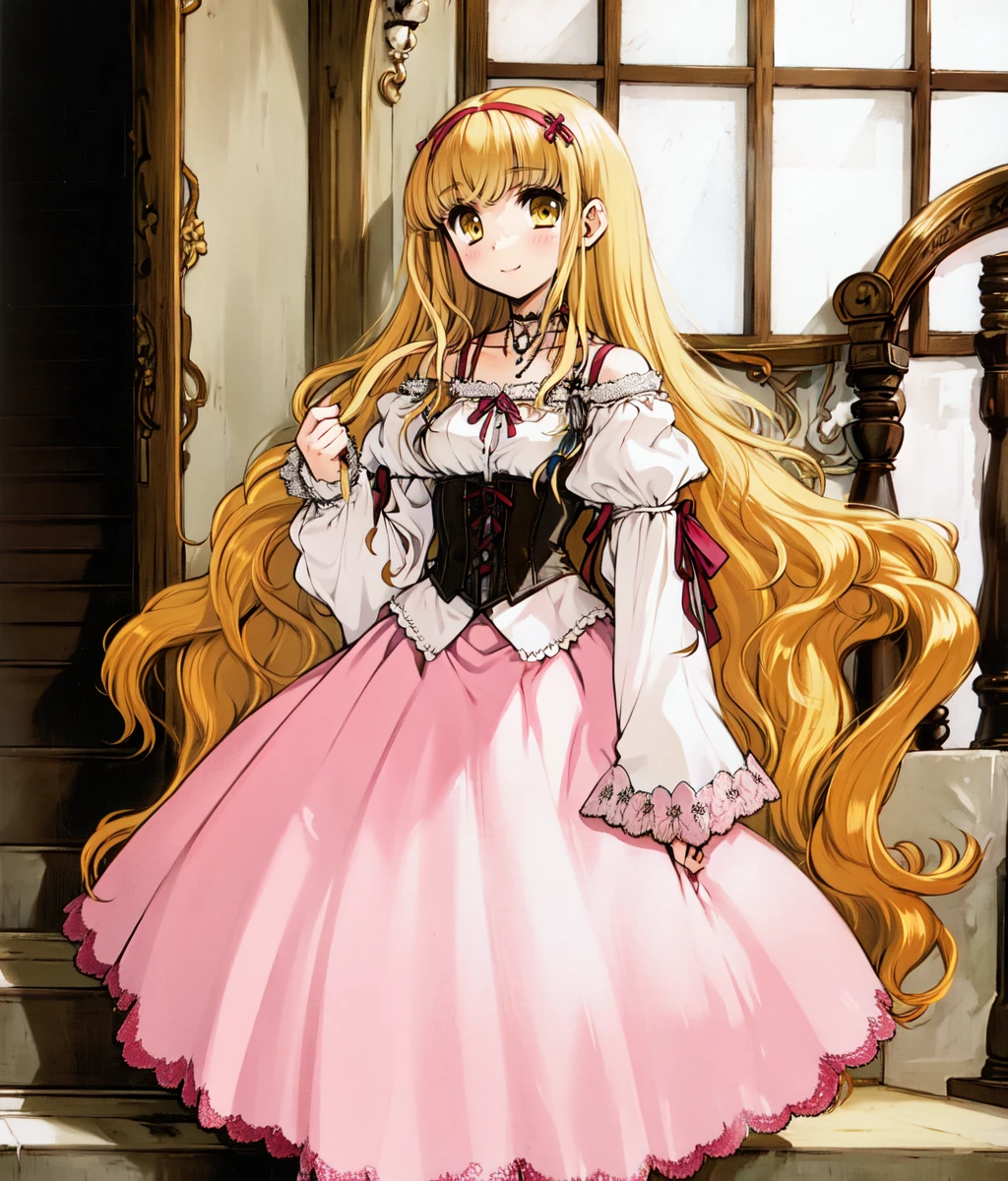 masterpiece, high res, detailed face, detailed eyes, 1 girl, solo, ((both hands up)), salute, hi, smile, blonde hair, long hair, ribbon, yellow eyes, pink dress. corset, necklace, long sleeves, full body. indoors, walking down the stairs, mansion <lora:Luserina:1>