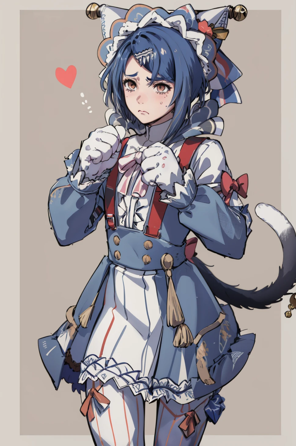 masterpiece, 1boy, short hair, blue hair, cowboy shot, solo, frown, <lora:FlaynFEHHalloween-bsinky-v1:0.8> striped pantyhose, gloves, animal hands, cat paws, cat ears, cat tail, tail bow <lora:AlcrystFE-bsinky-v1:0.9> defAlcryst, hairclip