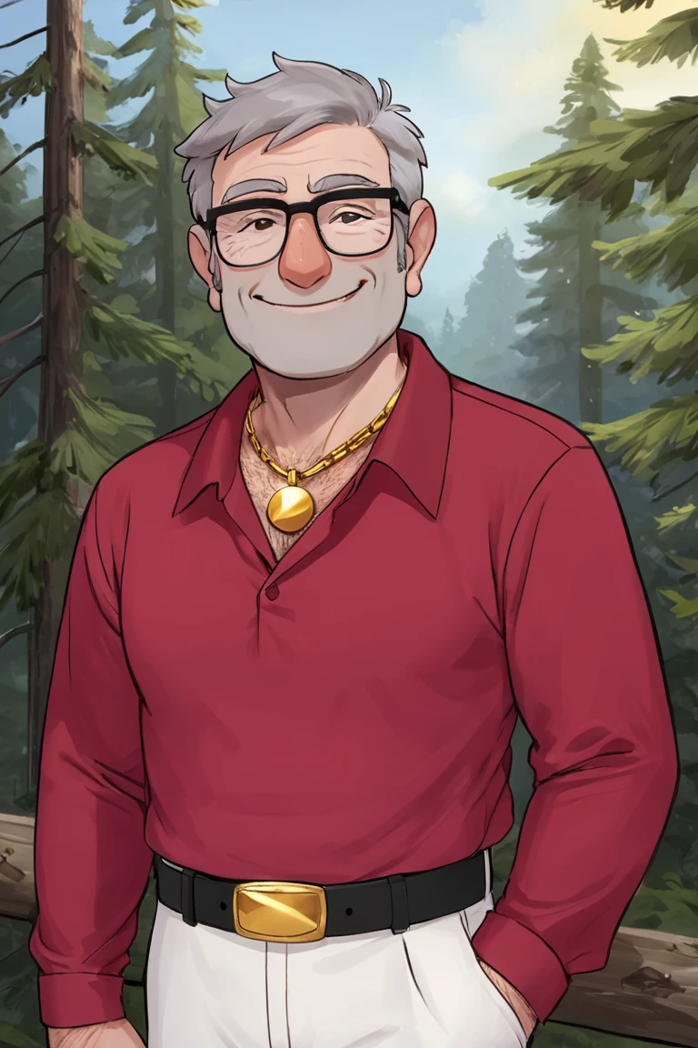 stanpines, solo, male focus, upper body, mature male, old man, short hair, grey hair, brown eyes, thick eyebrows, glasses, black-framed eyewear, facial hair, stubble, sideburns, smile, necklace, gold chain, chain, red shirt, long sleeves, white pants, belt, arm hair, standing, outdoors, pine forest, night, night sky, dark background <lora:Stanley (Stan) Pines SDXL_LoRA_10r_10e_32i_nr32_a16_SDXL:0.7>
