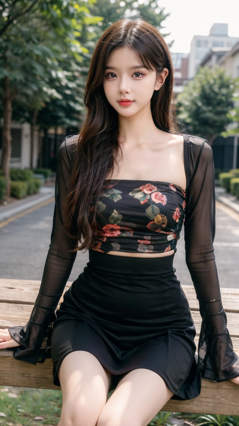 best quality,HDR,UHD,8K,Vivid Colors,solo,photo_,cute & girly,(1girl:1.3),(sitting:1.3),(looking at viewer:1.4),simple background,(outdoors:1.3),Elegant,detailed gorgeous face,cowboy shot,soft light,<lora:add_detail:0.7>,<lora:rc82:0.75>,rc,print,blackskirt,
