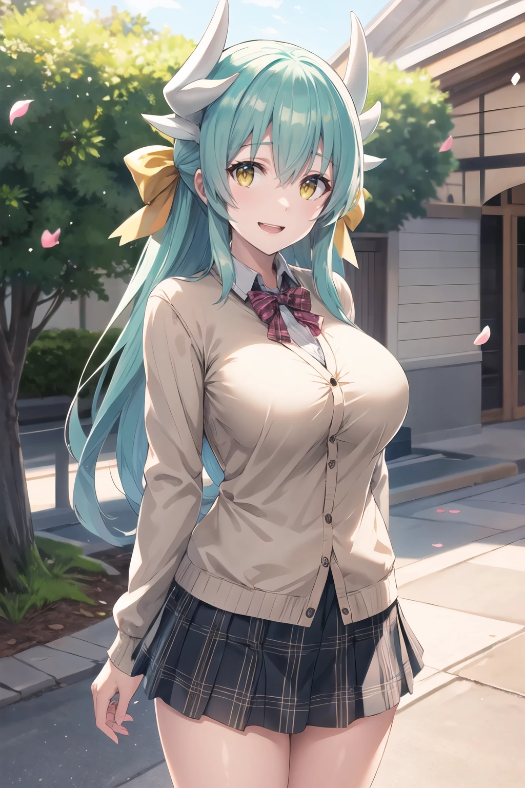 masterpiece, best quality, highres, aakiyo, long hair, aqua hair, white horns, hair bow, yellow bow, yellow eyes, <lora:kiyohime_(lancer)_v1:0.7>, cardigan, plaid skirt, arms behind back, smile, open mouth, petals, outdoors, big breasts , <lora:Akaza-Styke_8880:1>