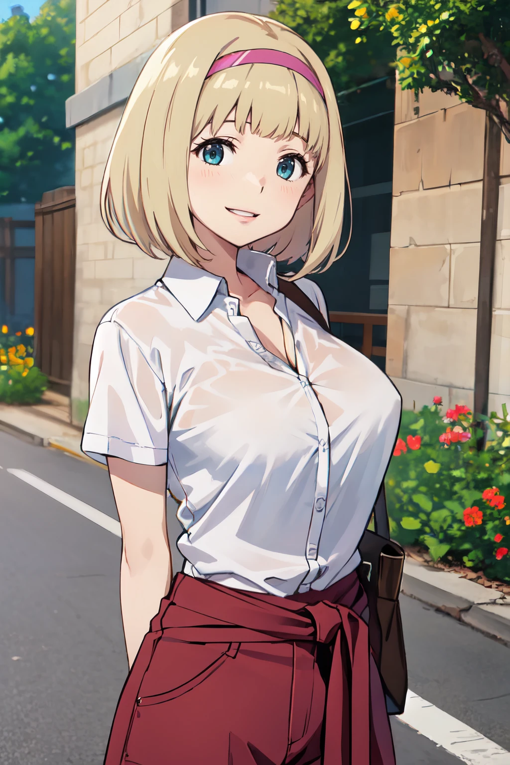 masterpiece,best quality,moriyama shiemi, 1girl, solo, large breasts, smile,happy,parted lips,headband,arms behind back, upper body, outdoors,Oversized linen shirt, paperbag waist shorts, chunky sandals <lora:moriyama_shiemi_v1_goofy:0.8>