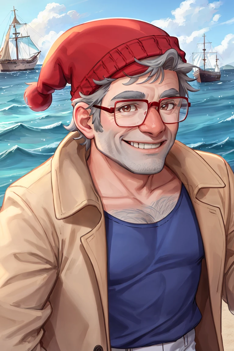 stanpines, 1boy, solo, male focus, upper body, mature male, old man, short hair, grey hair, brown eyes, thick eyebrows, glasses, black-framed eyewear, facial hair, stubble, sideburns, smile, red beanie, white t-shirt, blue pants, coat, standing, outdoors, sea, ship <lora:Stanley (Stan) Pines LoRA v1.0_10r_10e_32i_nr64_a32:0.7>