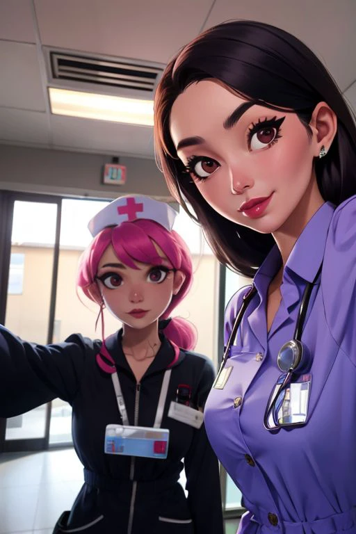 grim reaper dselfie with nurse at hospital,, , masterpiece, (best quality:1.2), [:intricate details:0.2],