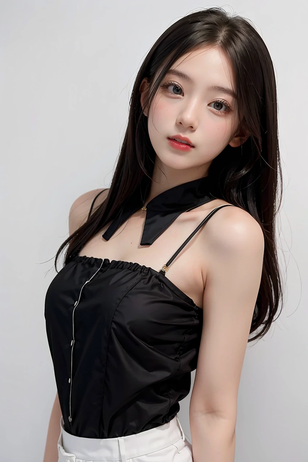 ulzzang -6500-v1.1, (Raw photo:1.2), (Photorealsitic), a beautiful detailed girl, (Real: 1.4), ighly detailedな目と顔, beatiful detailed eyes,  (Strapless blouse, flered skirt, Ultra-realistic pantyhose:1.2, a black choker)、 (Very affectionate smile:1.2)、huge filesize, hight resolution, ighly detailed, top-quality, [​masterpiece:1.6], illustratio, ighly detailed, nffsw, finely detail, top-quality, 8k wallpaper, Cinematographic lighting, 1girl in, 17 age, perfect body type, cute droopy eyes beautiful big eyes、Pieckfinger, ((masutepiece)), Best Quality, 1girl in, eye shadow, Upper body, Portrait, ((FULL BODYSHOT:1.6))、