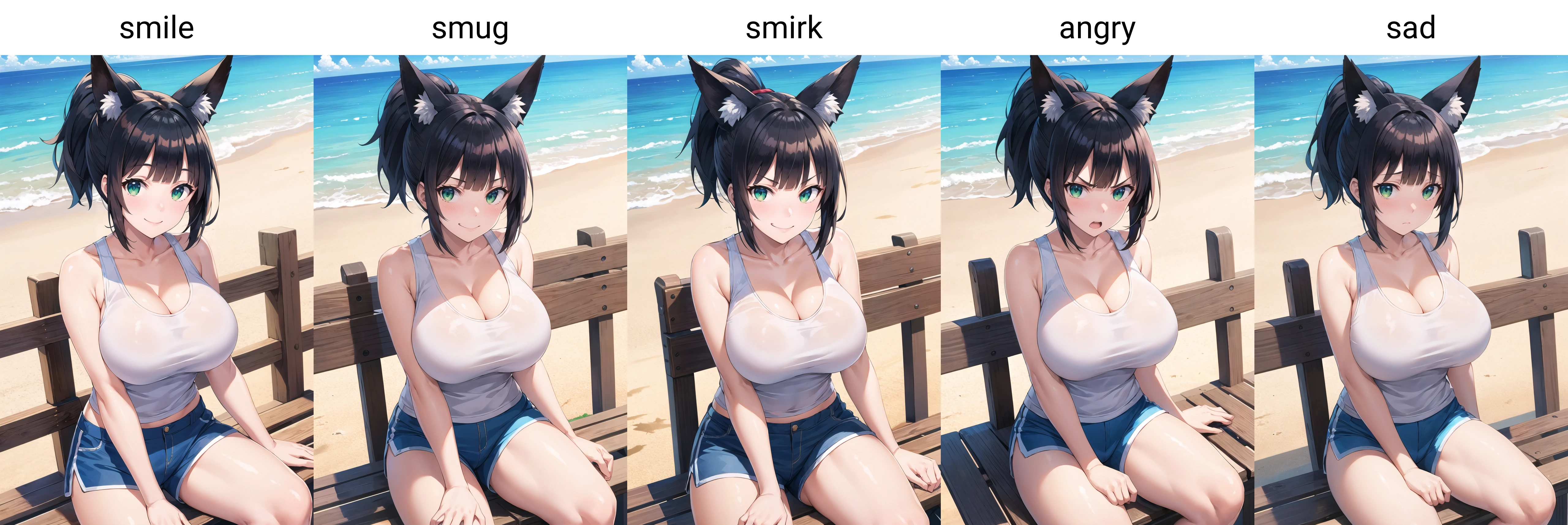 masterpiece, best quality, 1girl, solo, sitting, on bench, outdoors, beach, tank top, (white tank top:1.2), (black hair:1.2), green eyes, (smile), ponytail, blunt bangs, short hair, huge breasts, blue shorts, fox ears, <lora:Akaza-Styke_8880:1>