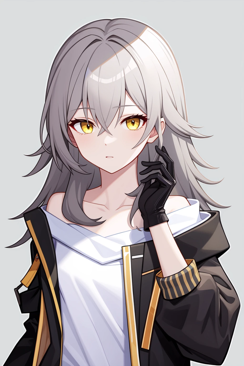 <lora:æ:0.8:lbw=char>,xing,yellow eyes,long hair,bangs,grey hair,jacket,shirt,white shirt,black jacket,gloves,hair between eyes,black gloves,open clothes,open jacket,collarbone,off shoulder,, 1girl,
, (masterpiece,best quality:1.2),absurdres