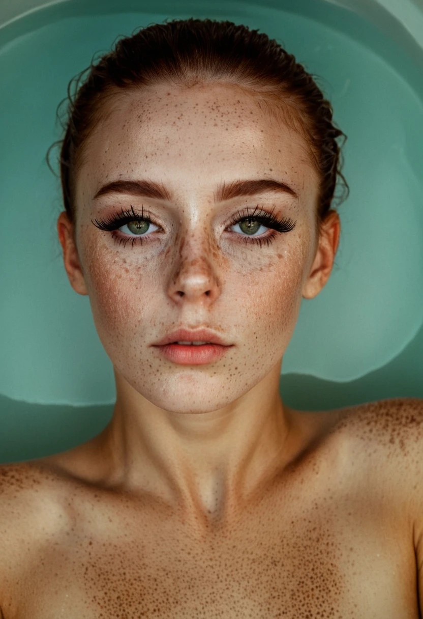 <lora:174F792232:1> woman, in a hot tub, covered in freckles, a lot of freckles, wearing winged eyeliner. high-quality image, studio shot, dramatic lighting, frontal view, expressionless face, young adult, fashion, moody atmosphere, avant-garde style, color contrast, looking at camera,