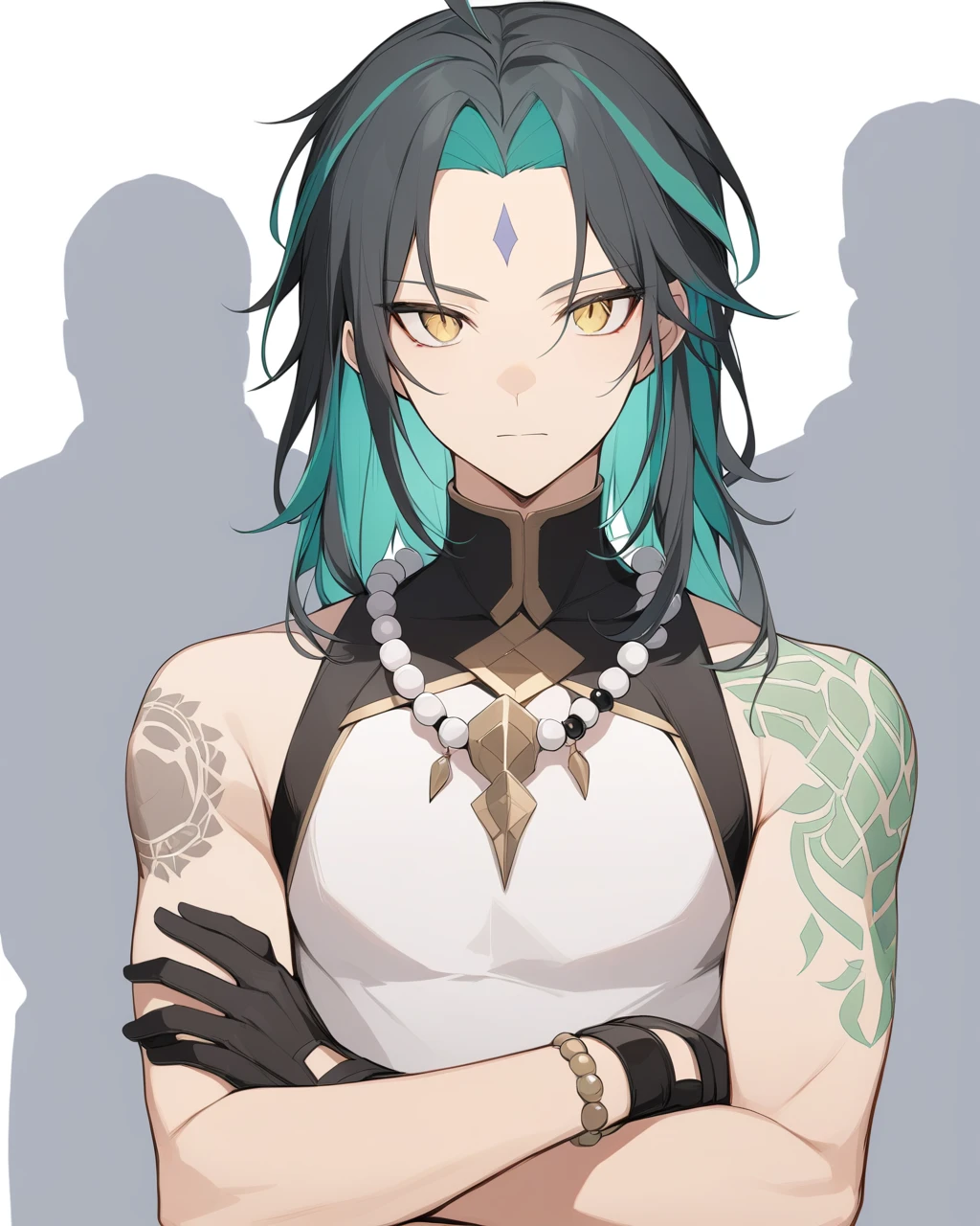 masterpiece,best qualitys,<lora:xiao_(genshin_impact):1>,solo, 1boy, beads, simple_background, necklace, bead_necklace, arm_tattoo, jewelry, gloves, white_background, forehead_mark, crossed_arms, multicolored_hair, tattoo, facial_mark, yellow_eyes, closed_mouth, black_hair, ahoge, asymmetrical_clothes, aqua_hair, bangs, green_hair, upper_body