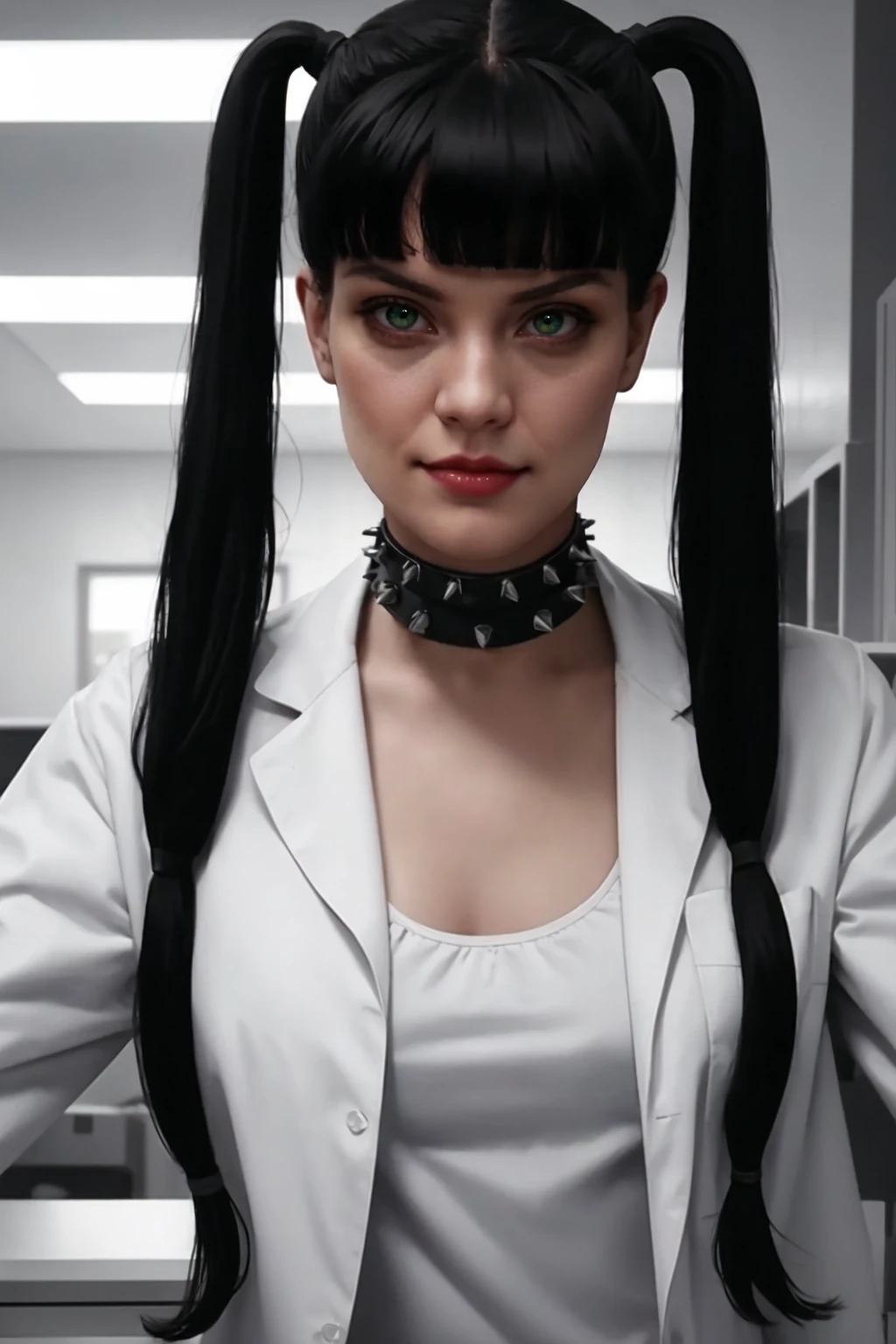 <lora:mondongo_LoRA_PauleyPerrette_v2:1> mndngwmn, bangs, pigtails, wearing a lab coat, spiked choker, (ultra realistic, 8k,high quality),(medium shot)
