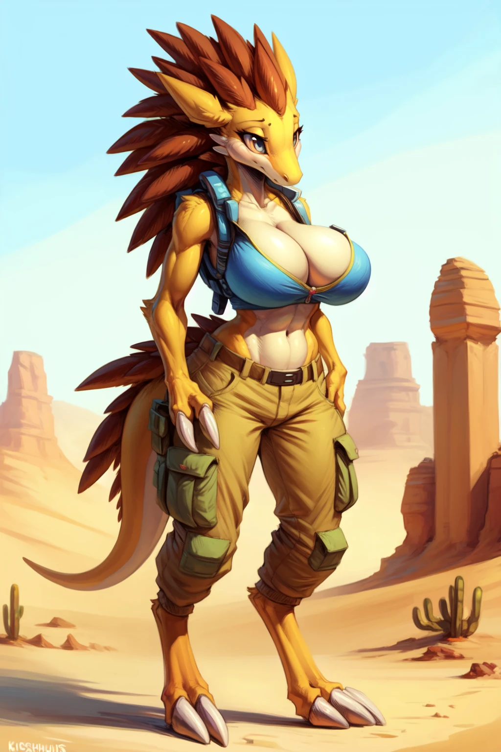 uploaded on e621, explicit content, crisp image, sharp focus, clean lines, cutesexyrobutts, hioshiru, cooliehigh, female, sandslash, (desert setting), three quarter portrait, standing, (large breasts, natural breasts, breast sag:0.8), (cargo pants, hiking vest), digitigrade
<lora:Sandslash:1.1>