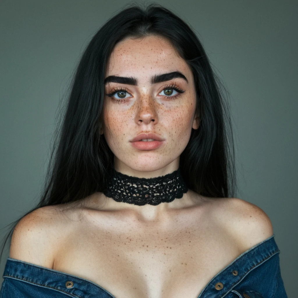 <lora:90B28AE8F5:0.7> woman with dark hair and thick eyebrows with extreme freckles wearing a choker wearing a denim jeans he has natural-looking skin staring forward, hd, sharp focus, shot with a canon, detailed skin texture, upper body,