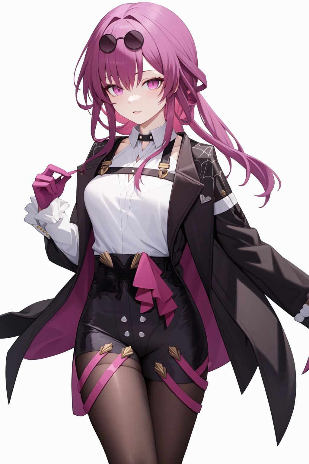 <lora:å¡èå¡:1:lbw=char>,kafka,bangs,eyewear on head,purple hair,long hair,sunglasses,purple eyes,shirt,gloves,white shirt,long sleeves,jacket,pantyhose,pink eyes,, 1girl,
, (masterpiece,best quality:1.2),absurdres