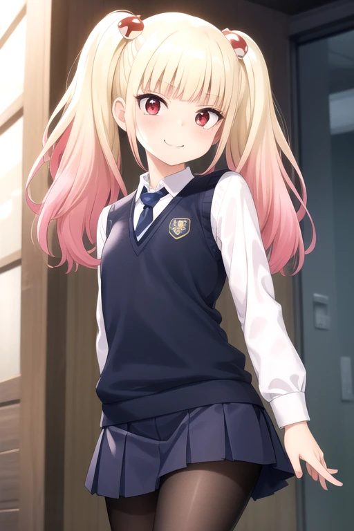 ((masterpiece)),(best quality),official art,extremely detailed CG,unity 8k wallpaper,ultra detailed,beautiful detailed eyes,extremely detailed face,1girl,solo,cowboy shot,looking at viewer,facing viewer,smile,petite,niguredou julia,multicolored hair,gradient hair,pink hair,blonde hair,twintails,food-themed hair ornament,mushroom hair ornament,red eyes,school uniform,sweater vest,black vest,collared shirt,white shirt,long sleeves,blue necktie,miniskirt,blue skirt,pleated skirt,black pantyhose,loafers,<lora:Niguredou Julia(mc)>,