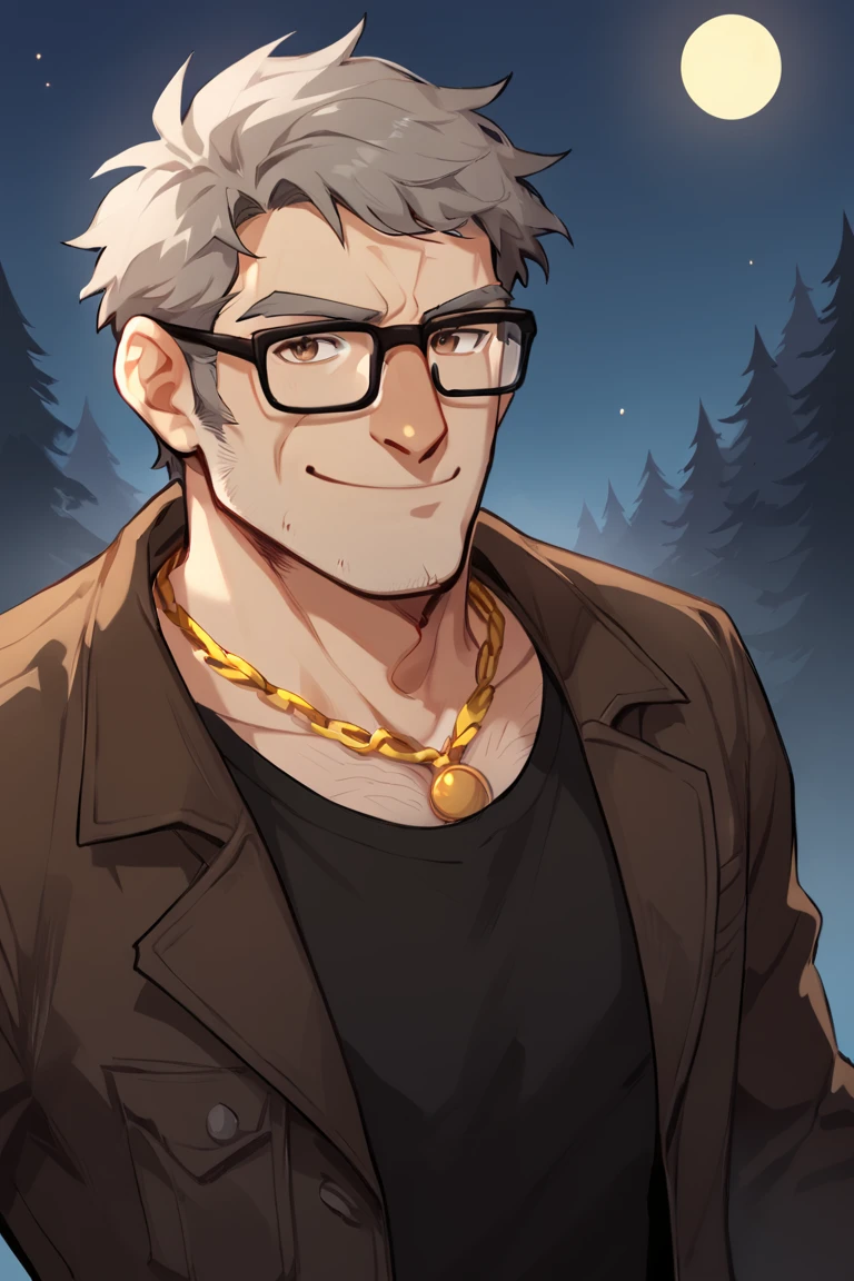 score_9, score_8_up, score_7_up, stanpines, solo, male focus, upper body, mature male, old man, short hair, grey hair, brown eyes, thick eyebrows, glasses, black-framed eyewear, facial hair, stubble, sideburns, smile, necklace, gold chain, chain, brown jacket, black t-shirt, black pants, belt, arm hair, standing, outdoors, pine forest, night, night sky, dark background <lora:Stanley (Stan) Pines SDXL_LoRA_10r_10e_32i_nr32_a16_Pony Diffusion V6 XL:0.7> <lora:Anime Style LoRA XL:0.8>