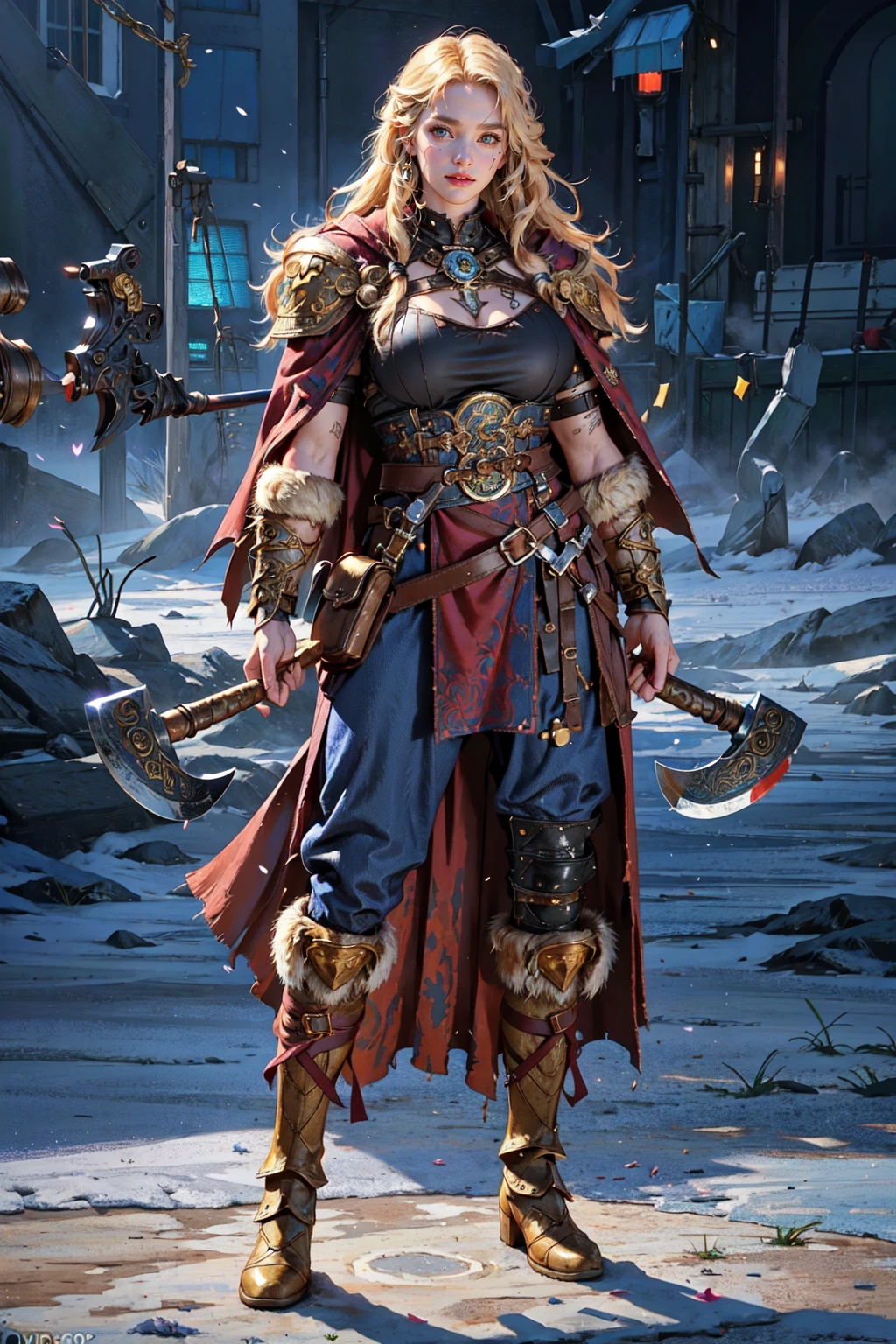 (masterpiece:1.2, best quality), (photorealistic:1.2), Viking_dual_V1, viking, solo, standing, 1girl, looking at viewer, huge tits, ((full body)), (holding axe, dual wielding), armor, boots, fur trim, shoulder armor, belt, pants, pauldrons, cape, scar, tattoo, facial tattoo <lora:Viking_dual_V2:0.45>