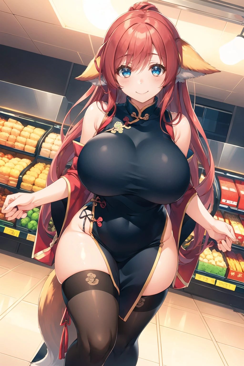 masterpiece, best quality, 1girl, standing, full body, red hair, blue eyes, (qipao:1.2), (black chinese dress:1.2), (gigantic breasts:1.2),(wide hips:1.2),(thick thighs:1.2),  black panties, black underwear ,smile,thighhighs,(blush:1.2),indoors, supermarket,choker, slender waist, fox girl, fox ears,  long hair, (long qipao:1.2), skintight qipao    <lora:amazuyu-tatsuki-Style_1083104:1>