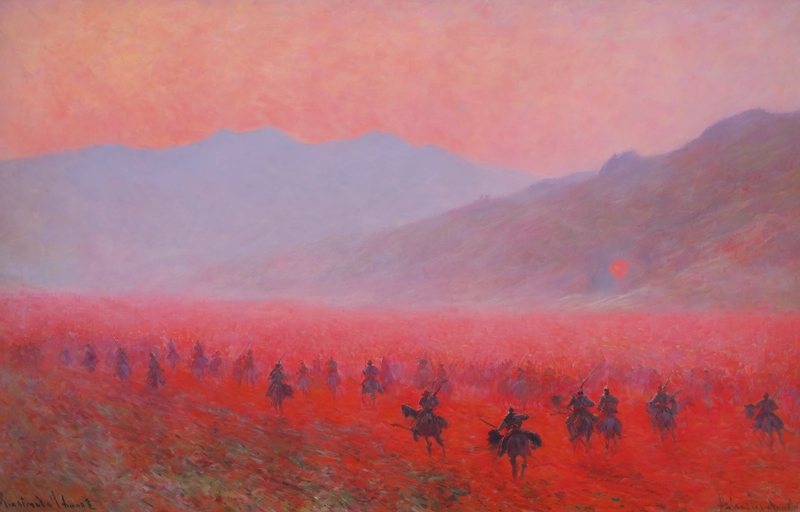 Monet, oil painting, scenery, red theme,
A realistic oil painting depicting an ancient Chinese battlefield scene, with detailed drawings of soldiers in historically accurate armor, engaging in combat amidst a mist-covered field under the early morning light, with a backdrop of distant mountains
<lora:Monet_V4-000008:1>