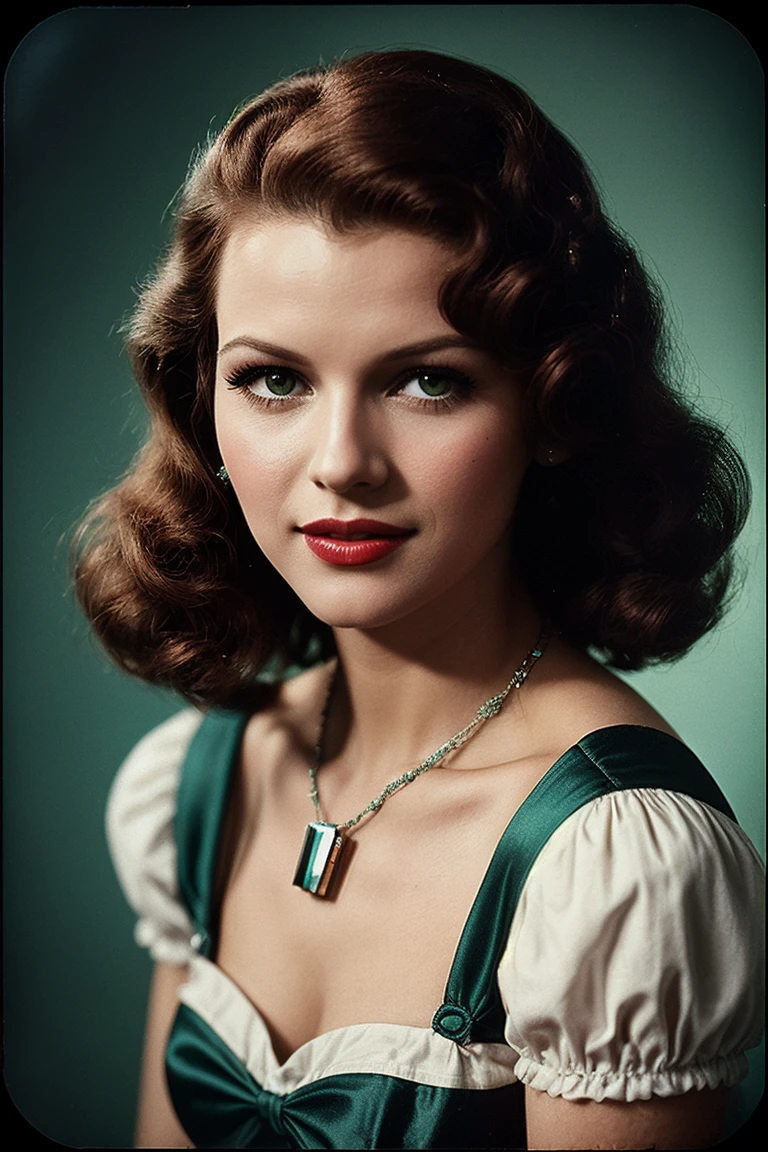 Maureen O'Hara dressed in elegant clothes and smiling