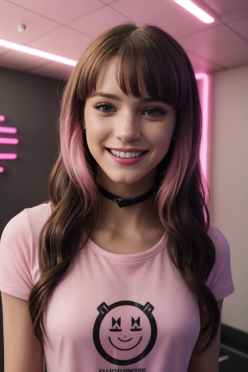 (Cinematic Shot) (Shot on Aaton LTR 54)(FACE CLOSE-UP SHOT:1.5) E-Girls_Mansion_Mona with Headset (22yo, long brunette hair:1.4) (Pink T-Sirt:1.5)(Black Walls:1.3) (Neon Signs:1.3)(LED  CEILING STRIPS:1.3) (lens flare:1.3) insanely detailed and intricate, character, hypermaximalist, beautiful, exotic, revealing, appealing, attractive, amative, hyper realistic, (super detailed:1.3), (pink volumetric smoke:1.3)  <lora:ARWCyberpunkInterior:1> cyberpunkinterior, building  (smiling:1.4)