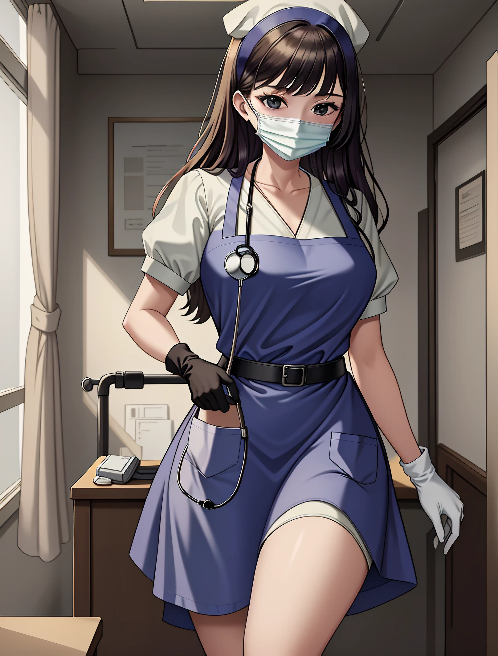 ((masterpiece, best quality, high quality)),1girl, (lower body, hospital), <lora:Doctor Apron:0.8> (doctor_apron, apron, mask, gloves, surgical mask,scrubs),