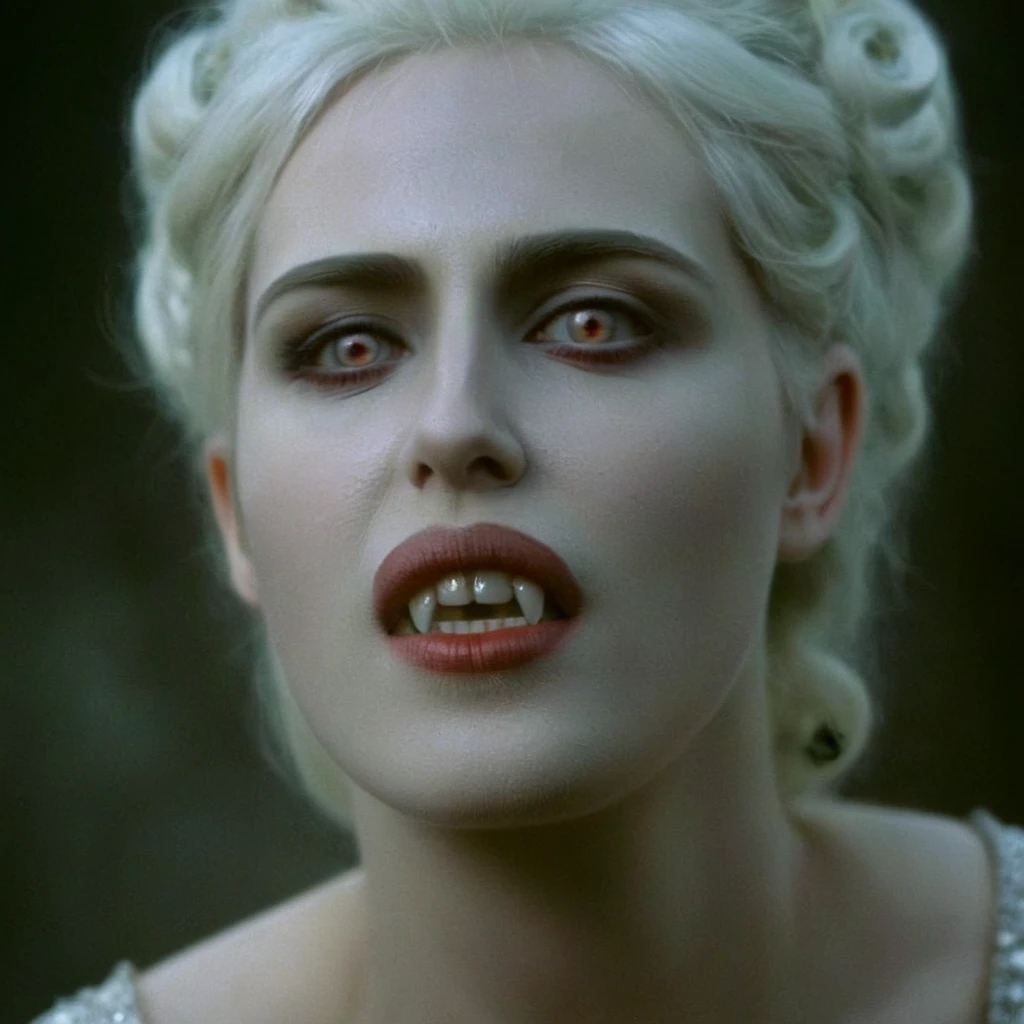 cinematic film still of <lora:vampire teeth v3:1>
analog film photo of <lora:Female Vampire 2:1.2> Female Vampire a pale ice cold skin vampire woman with white hair and a white face and reflective eyes in year 1897, faded film, desaturated, 35mm photo, grainy, vignette, vintage, Kodachrome, Lomography, stained, highly detailed, found footage, shallow depth of field, vignette, highly detailed, high budget, bokeh, cinemascope, moody, epic, gorgeous, film grain, grainy