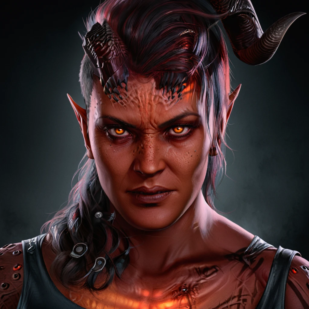 A professional photo, rim lighting, HDR, high contrast, commercial, realistic, detailed, Karlach, red skin, horn, female, glowing eyes, with a angry face, portrait, high quality, cinematic <lora:karlach_xl-000090:1>
