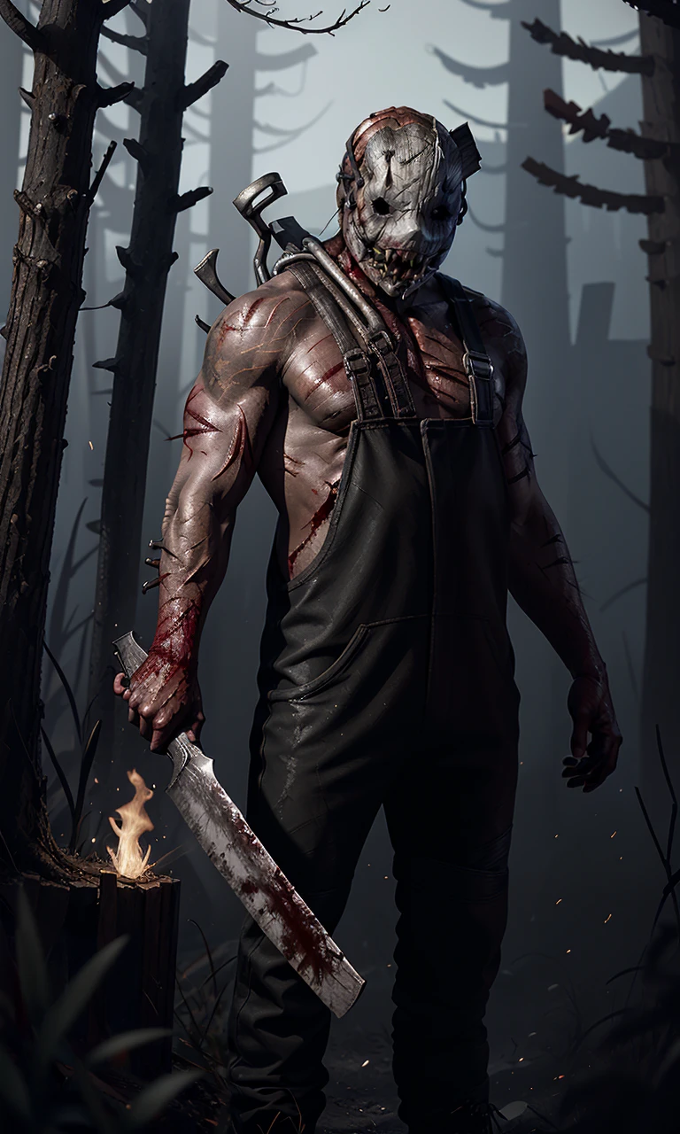 trappdbd2024, best quality, masterpiece, photorealistic, raw photo, 1man, machete, mask, overalls, dirty skin, wounds, blood, full body, burned skin, dark forest,