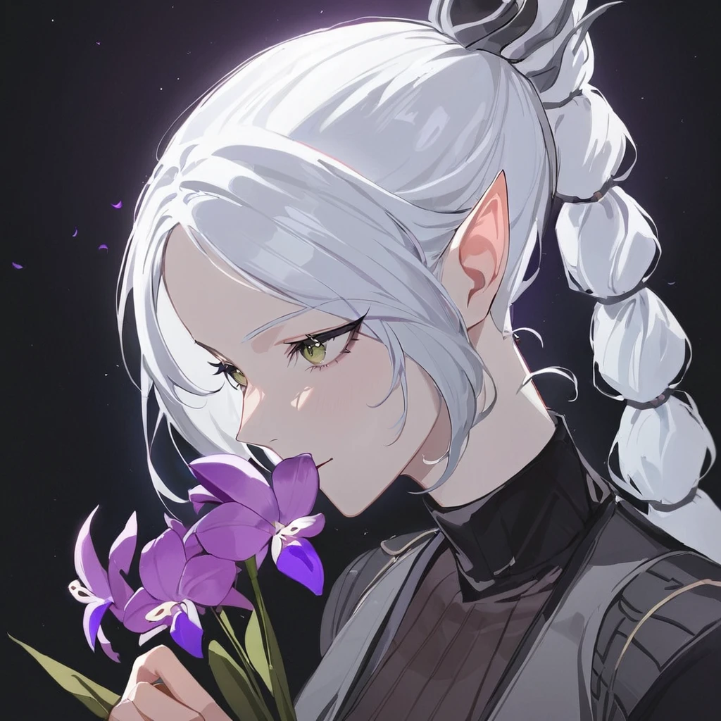 1girl, Shadowheart, white hair, braid, smelling Night Orchid , portrait, masterpiece, best quality, newest, safe <lora:shadowheart_xl_rev2_1-000056:1>