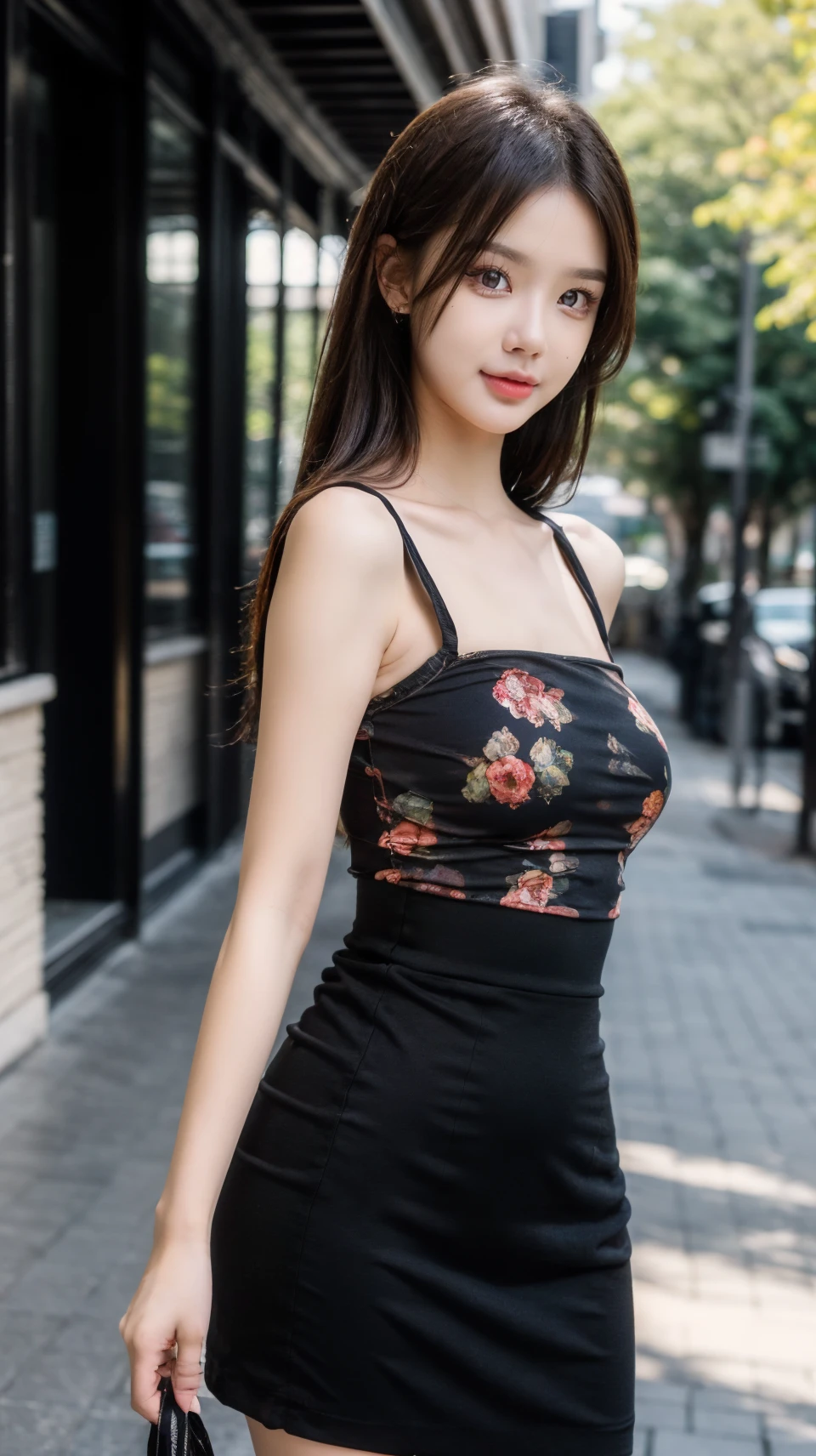 warm smile (masterpiece), (best quality), (realistic), (red lips), realistic girl, one adult woman, pale skin, curly black hair, eye green, green eyes, nose, ear, mouth, lips, neck, shoulders, medium chest, (random color shirt, plain t-shirt, short black skirt, tight tights), waist, thick legs, thick thighs, (garden with so many roses background), (short hair), (without nipples)