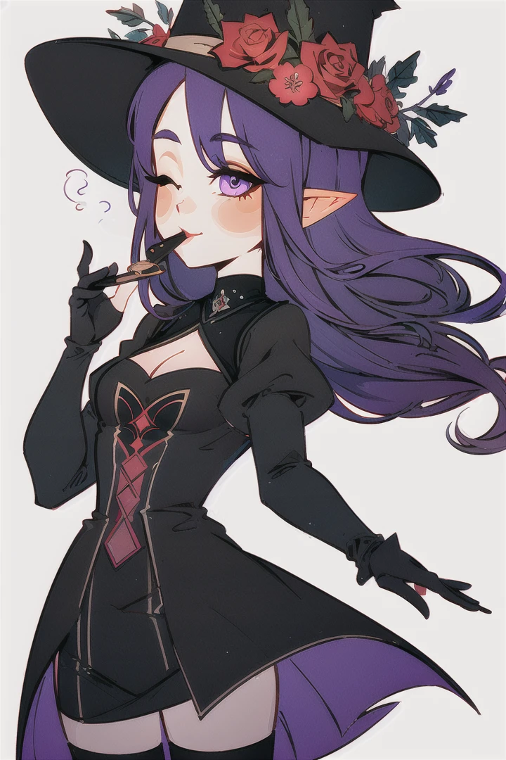 (Highest picture quality), (Master's work), (ultra-detailed), (Detailed eye description:1.2), masterpiece, best quality, IRIaStyle, chibi, 1girl, solo, long hair, breasts, looking at viewer, smile, thighhighs, gloves, hat, white background, dress, holding, cleavage, medium breasts, purple eyes, purple hair, flower, one eye closed, pointy ears, black gloves, elbow gloves, black thighhighs, black headwear, rose, red flower, hat flower, smoking pipe, holding smoking pipe, dark colors, muted colors <lora:test_little_papapa:1>