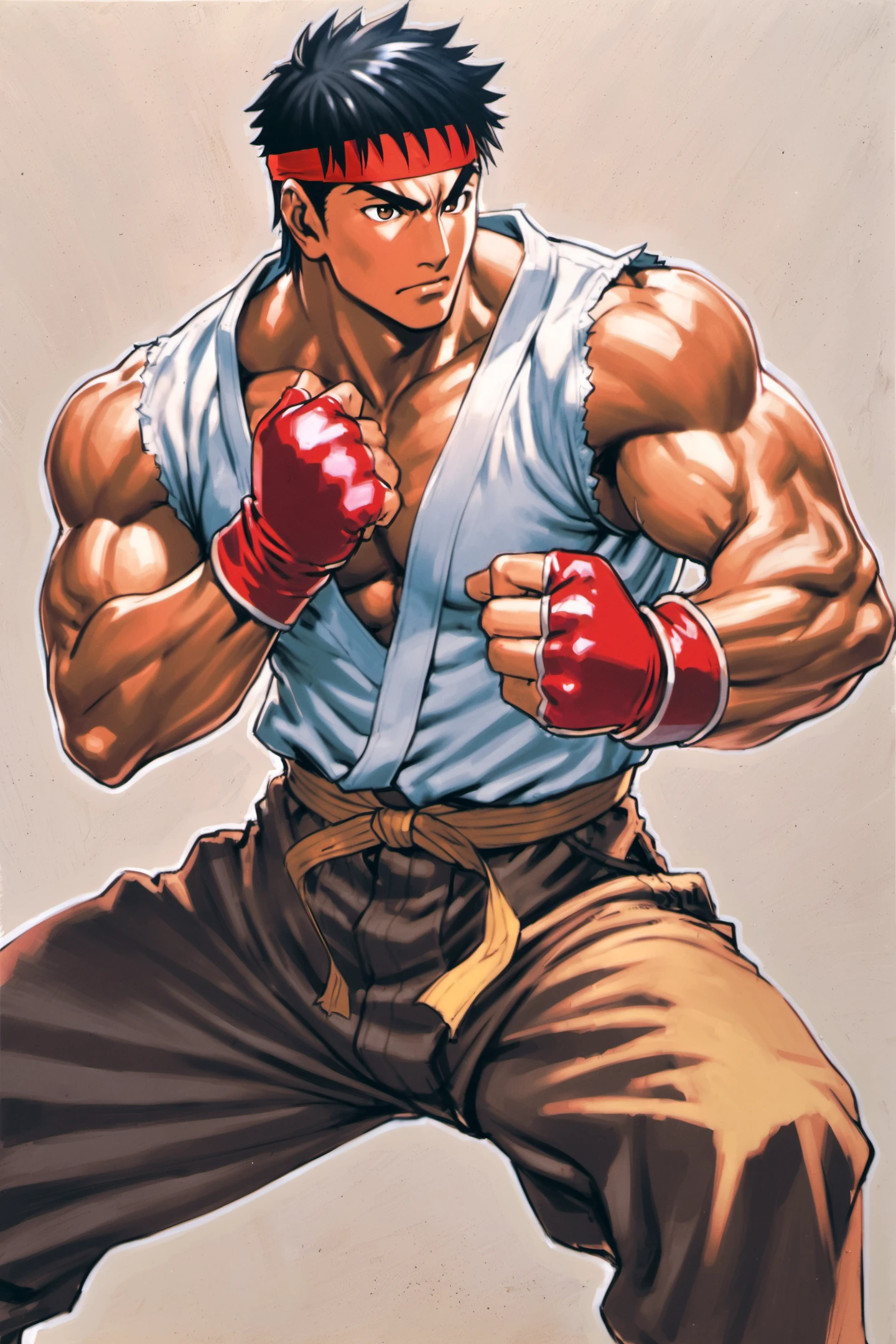 1boy, solo, male focus, ryu (street fighter), red headband, gloves, fingerless gloves, muscular, dougi, black hair, fighting stance, brown eyes, traditional media, <lora:Yasuda akira_XL:0.8>