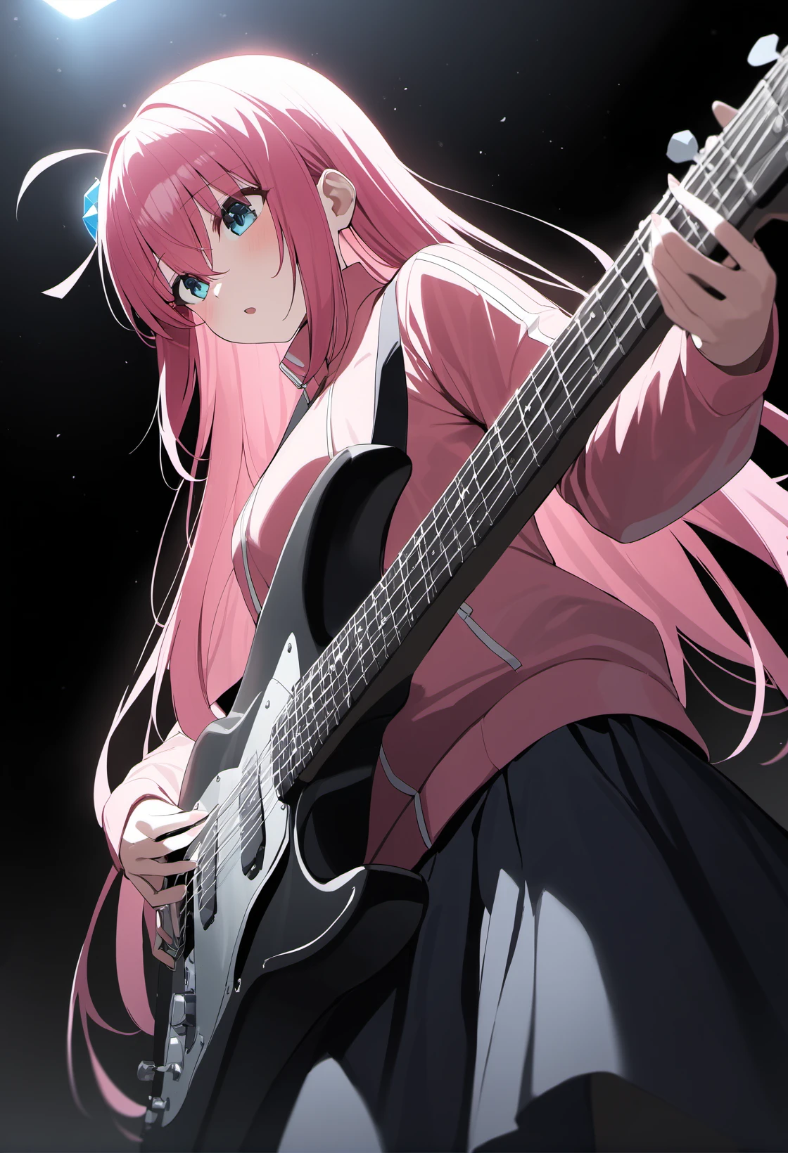 1girl, gotoh hitori, bocchi the rock!, black skirt, blue eyes, cube hair ornament, concert, electric guitar, hair between eyes, hair ornament, holding instrument, pink jacket, solo, long hair, track jacket, very aesthetic, best quality, cinematic lighting, depth of field, from below, ((motion blur)), back lighting