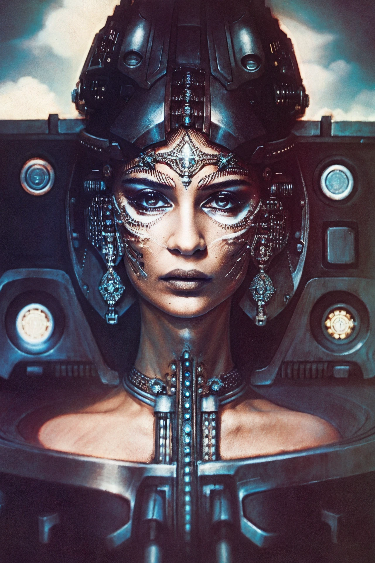 <lora:Alicia_Vikander_v2_640x960:0.85> woman close-up, Sci - Fi Character design Cybergoth photo Beautiful full - tattooed - body Cyborg - Goth - Mexican -  Biomechanical Art Style field depth (intricate details, hyperdetailed:1.15) (skin texture:1.2)   <lora:H.R.Giger_ArtStyle_640x960:0.8>