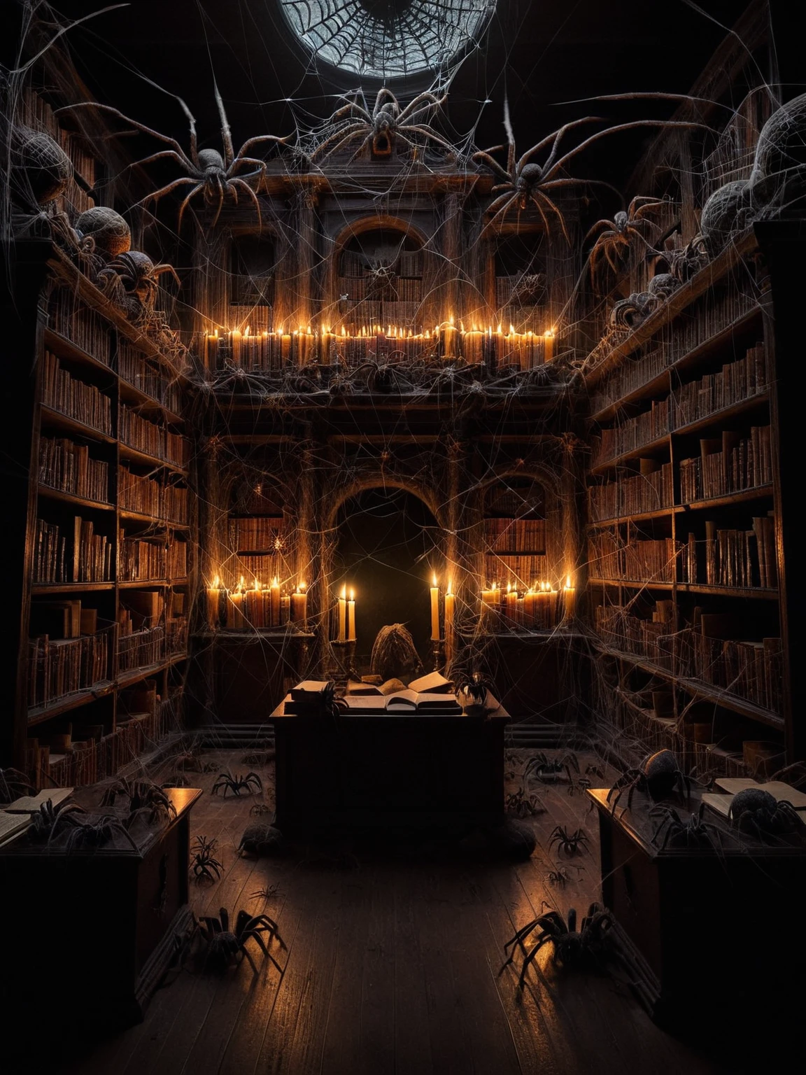 An ancient, mystical library with towering bookshelves and arcane artifacts, dimly lit by candlelight and teeming with ais-spiderz crawling among the books and relics, adding a sense of ancient wisdom and mysterious allure <lora:Spiders_Style_SDXL:1>
