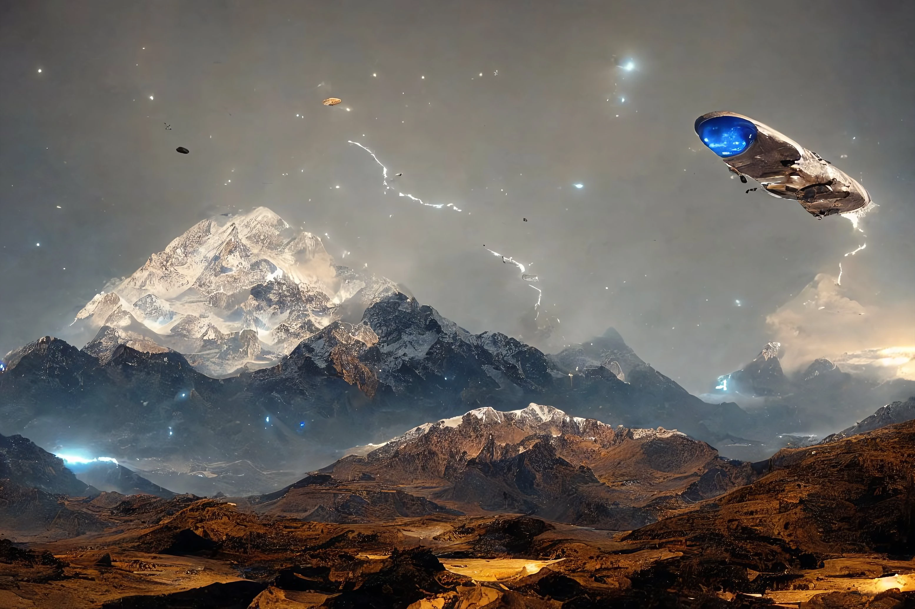 a UFO over Mount Everest, lightning, (no humans:1.9), <lora:MadeJourney:1.0>